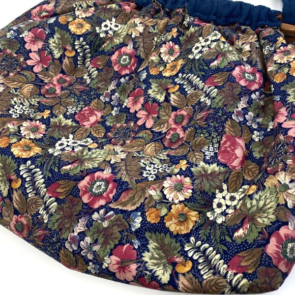 Vintage 80s Quilted Knitting Bag Handbag Purse Floral Wood Handles Pocket Boho - Picture 8 of 10